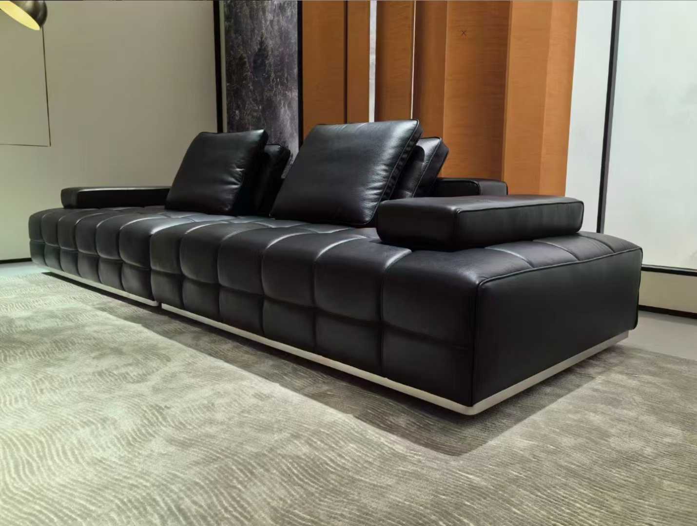 Black Tufted Leather Modular Sofa