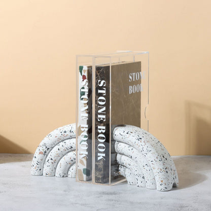 Terrazzo-patterned fan-shaped bookshelf