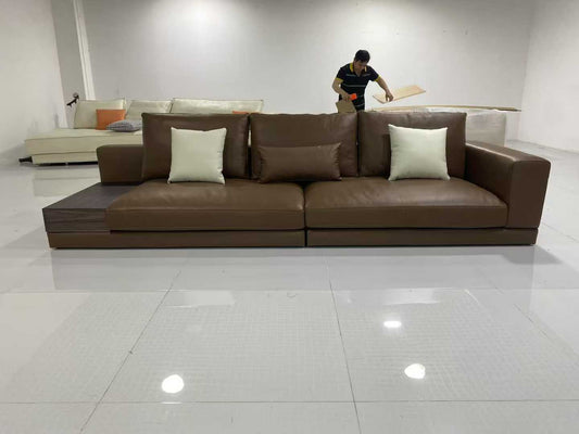 Brown Leather 3-Seater Sofa with Side Table