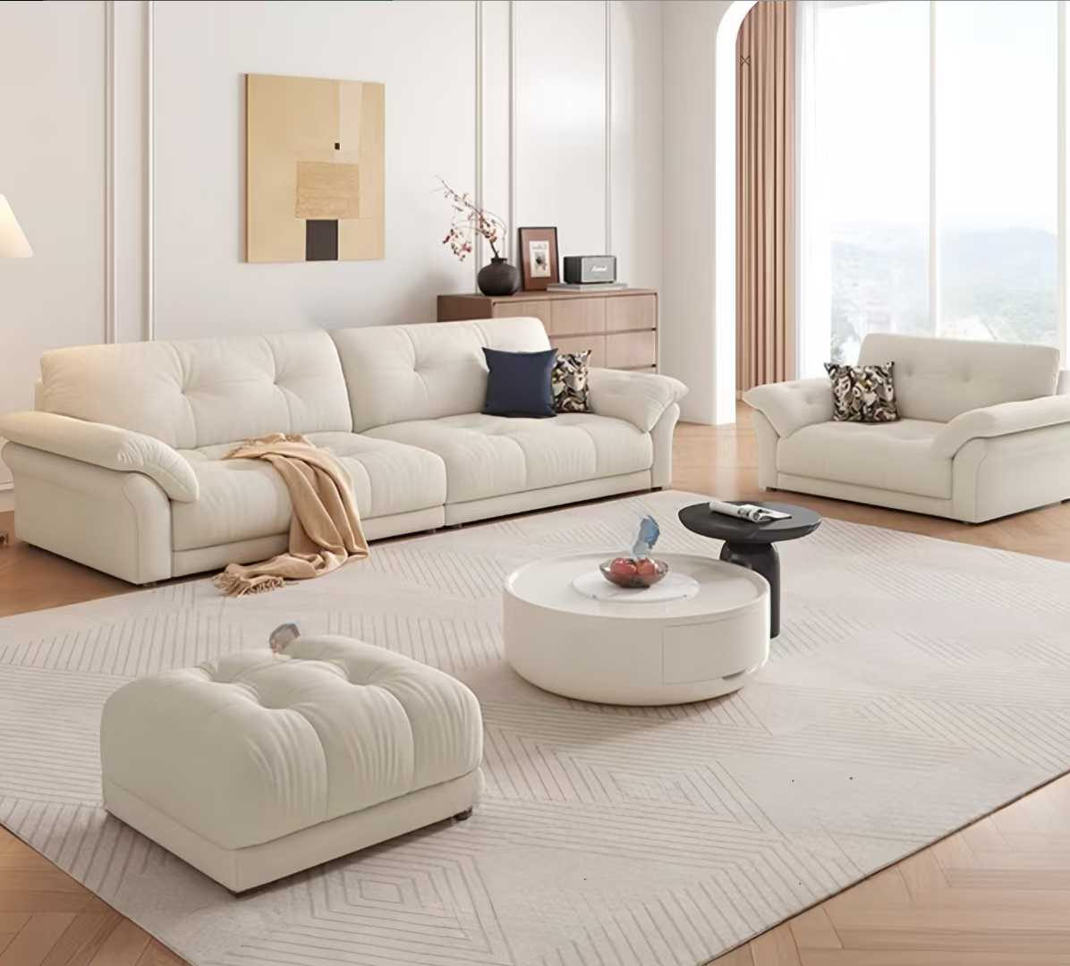 Cream Tufted 4-Seater Sofa with Ottoman