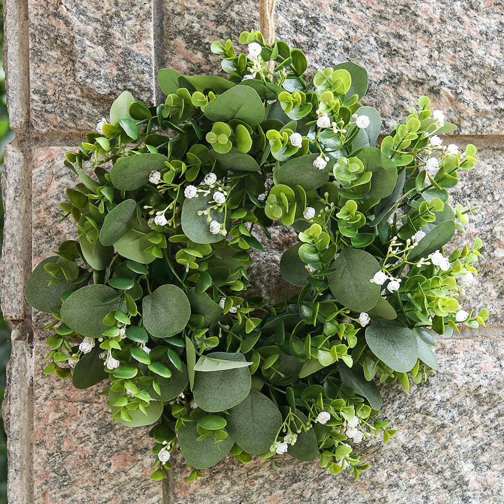 Simulated Green Plant Wreath with Wooden Board & Hemp Rope Hooks